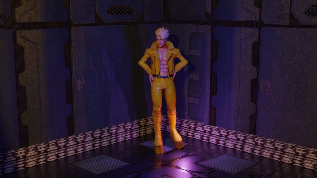 Blonde man in yellow leather and platform boots