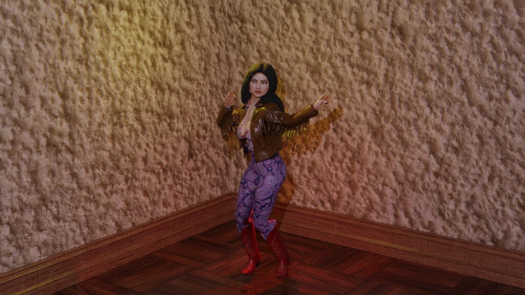 Young woman in red boots and suede fringe jacket