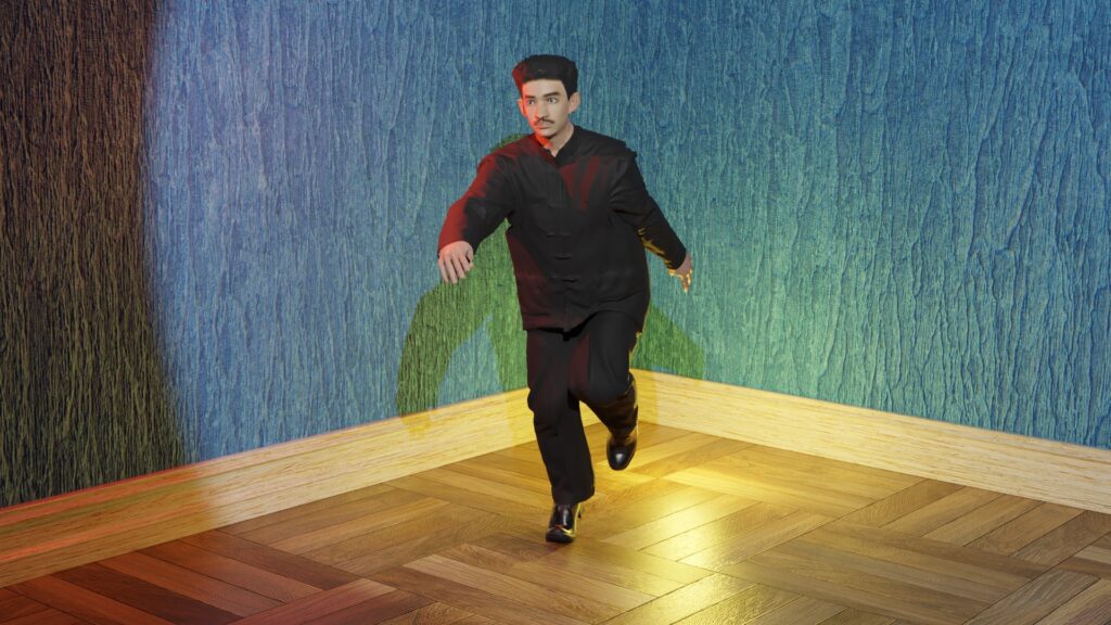 Man posing with moustache in a dark coat and pants